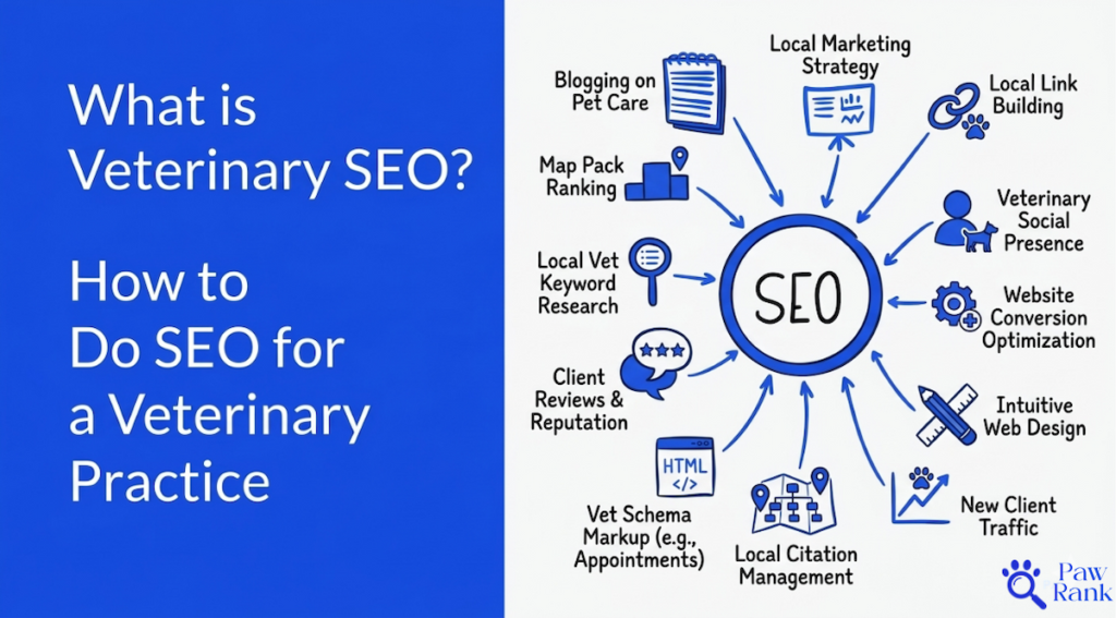 "What is Veterinary SEO? How to Do SEO for a Veterinary Practice" featuring a central SEO hub connected to veterinary-specific growth strategies like blogging on pet care, local citation management, map pack ranking, and client review management, all in a blue and white branding style.
