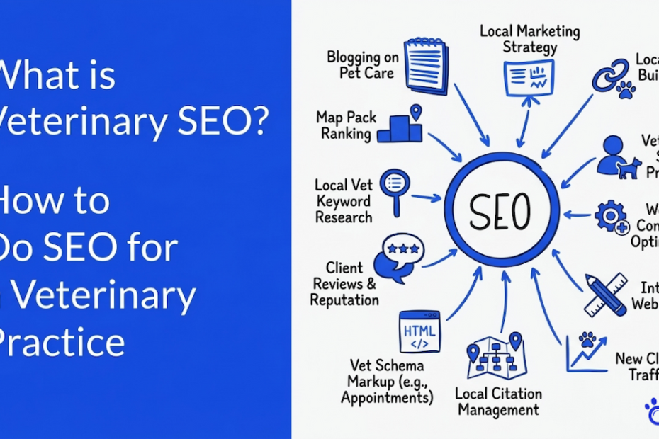 "What is Veterinary SEO? How to Do SEO for a Veterinary Practice" featuring a central SEO hub connected to veterinary-specific growth strategies like blogging on pet care, local citation management, map pack ranking, and client review management, all in a blue and white branding style.