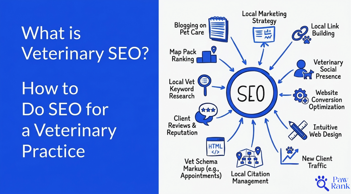 "What is Veterinary SEO? How to Do SEO for a Veterinary Practice" featuring a central SEO hub connected to veterinary-specific growth strategies like blogging on pet care, local citation management, map pack ranking, and client review management, all in a blue and white branding style.
