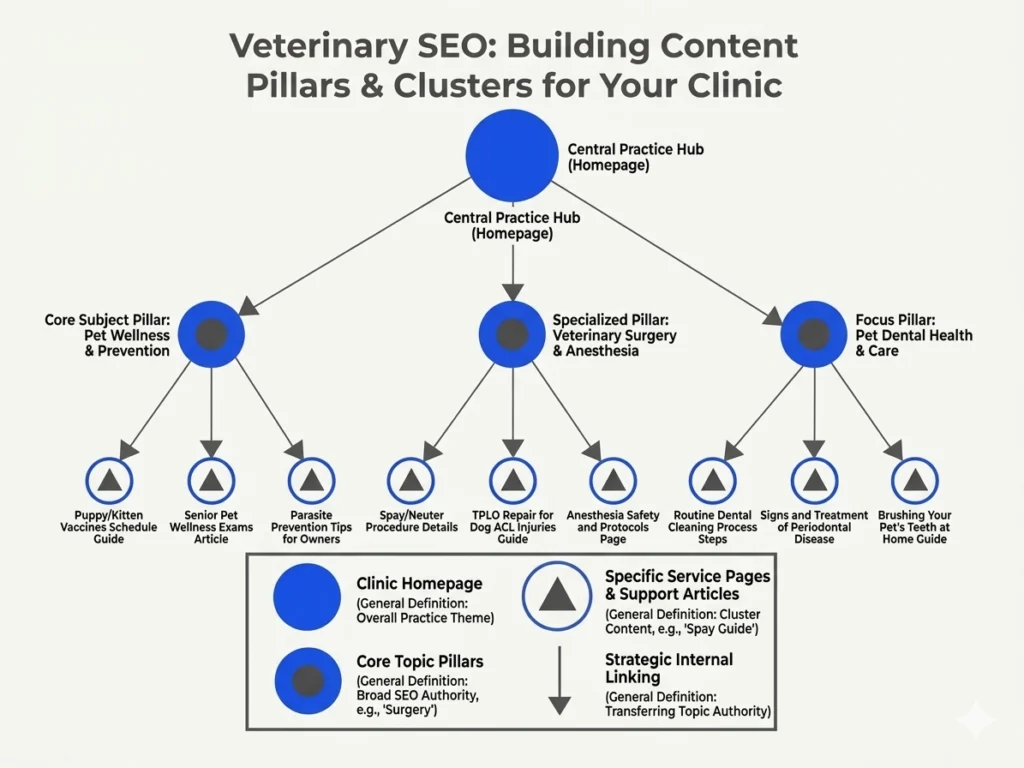 Diagram illustrating veterinary website interlinking through a hub-and-spoke model. It shows how a central clinic homepage connects to core pillars like Pet Wellness and Veterinary Surgery, which then interlink with specific cluster content such as vaccine guides and spay/neuter articles to build search engine authority.