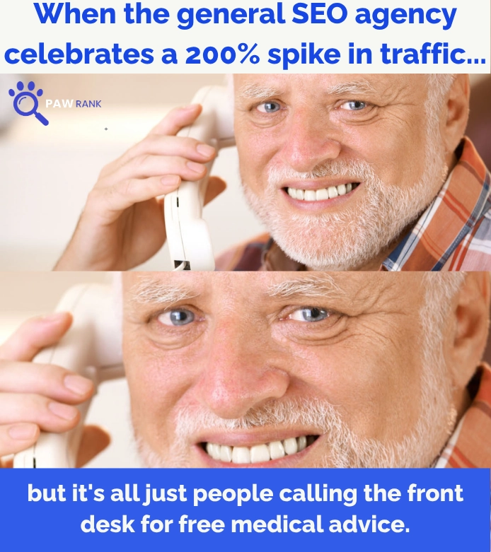 Hide the Pain Harold meme showing an older man forcing a smile while holding a telephone. The text reads: When the general SEO agency celebrates a 200% spike in traffic... but it's all just people calling the front desk for free medical advice.